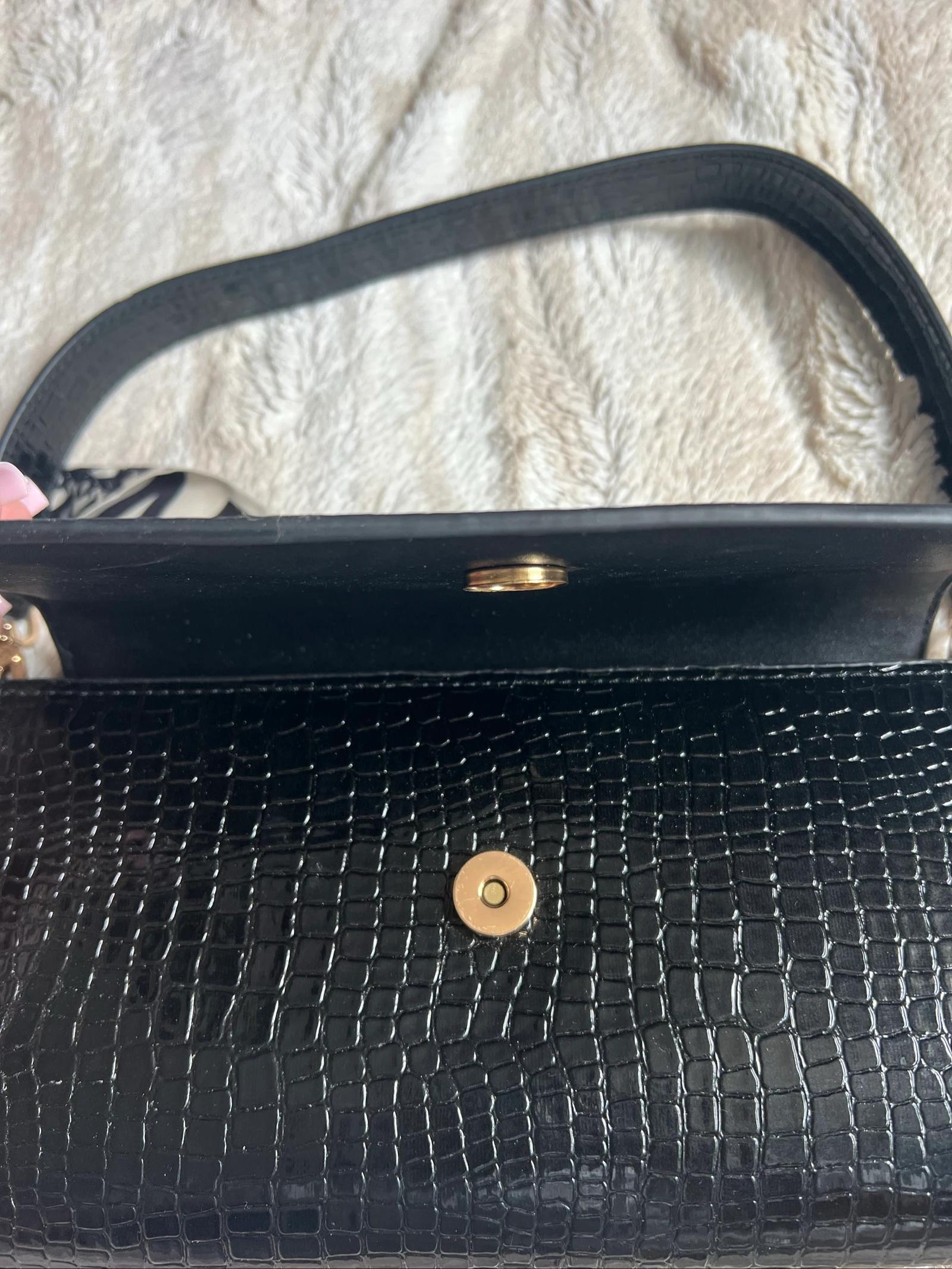Bolso baguette negro efecto cocodrilo + twilly negro y crudo – Muy buen estado – photo 3